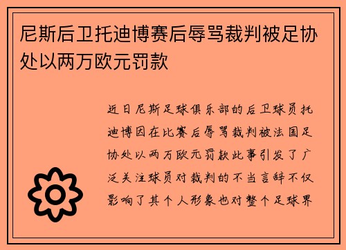 尼斯后卫托迪博赛后辱骂裁判被足协处以两万欧元罚款