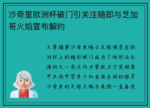 沙奇里欧洲杯破门引关注随即与芝加哥火焰宣布解约